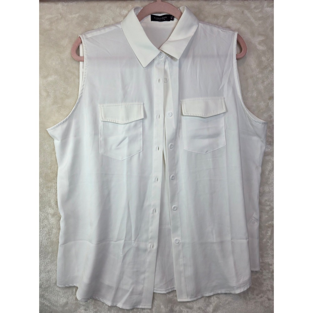 Yamanman Premium White Sleeveless Button Down Blouse Shirt XL Pockets